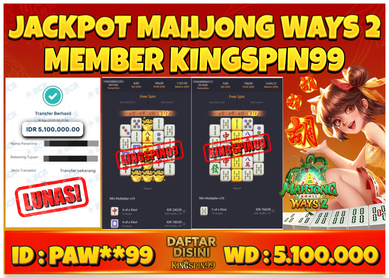 KINGSPIN99 SITUS JUDI PGSOFT MAHJONG WAYS 2 RESMI 2025 Rp 5.100.000 - LUNAS!!!
