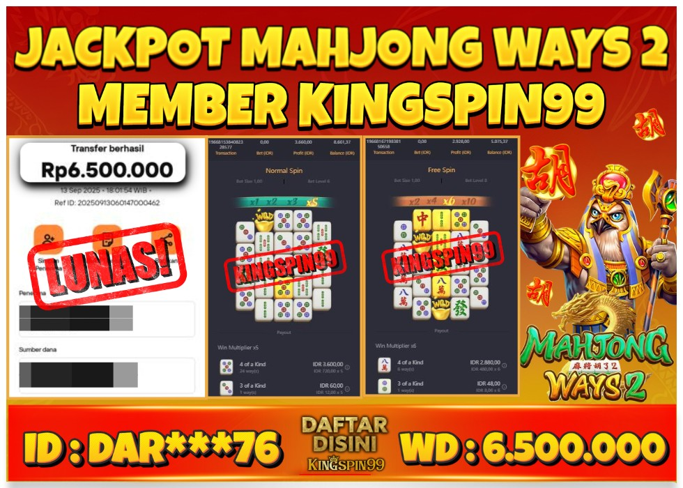KINGSPIN99 JACKPOT GAME JUDI PG SOFT MAHJONG WAYS 2 TERBAIK! Rp 6.500.000 - LUNAS!!!